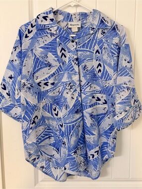 Vintage 1990s Rhapsody Blue Leaf Print Button-Up Blouse